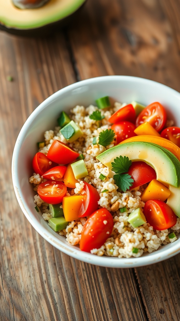 A vibrant quinoa nourish bowl with quinoa, tomatoes, cucumber, bell pepper, avocado, and herbs on a wooden table.